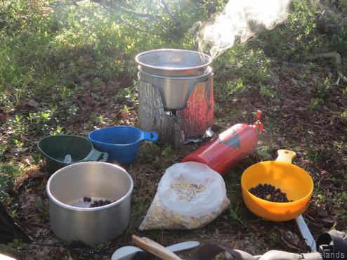Het water voor het ontbijt kookt. Een handvol vers geplukte bosbessen maakt de muesli extra smakelijk en gezond. - Kungsleden wandelpad - Wandelen in Lapland - Wandelen in Zweden - Jeroen Moelands