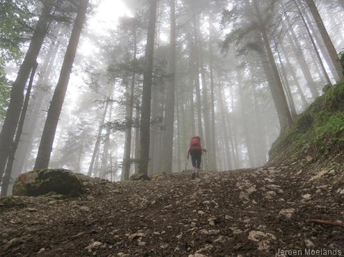 Over een steile onverharde weg de mist in - Blogout